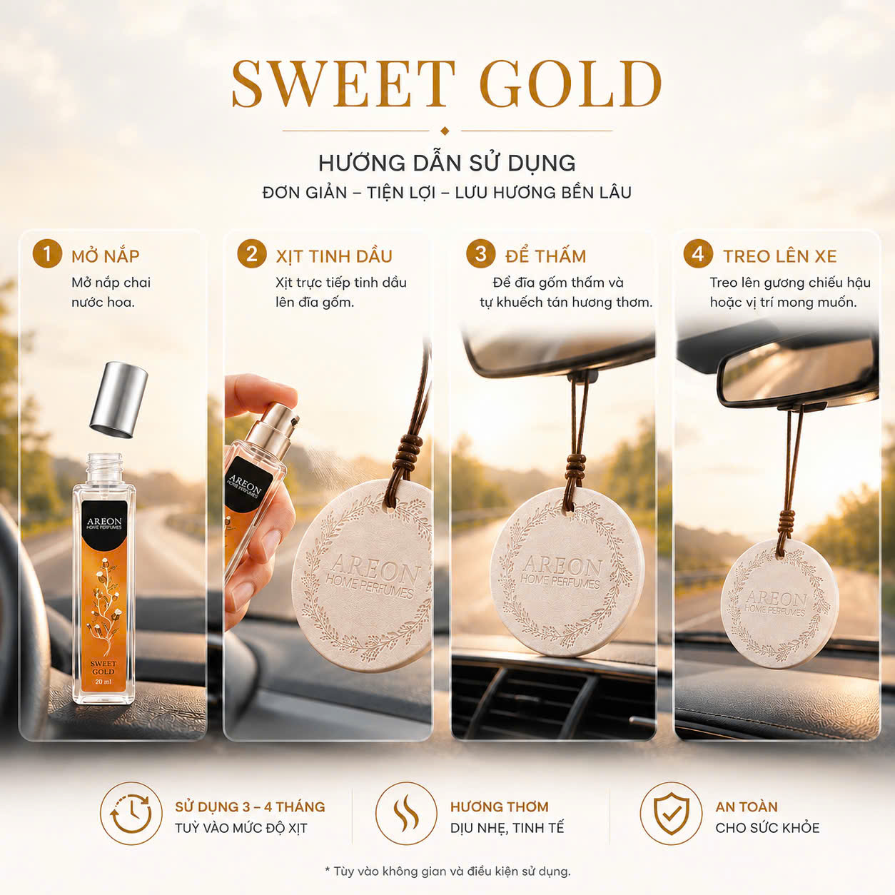 Hướng dẫn sử dụng Gốm thơm treo xe 20ml Sweet Gold